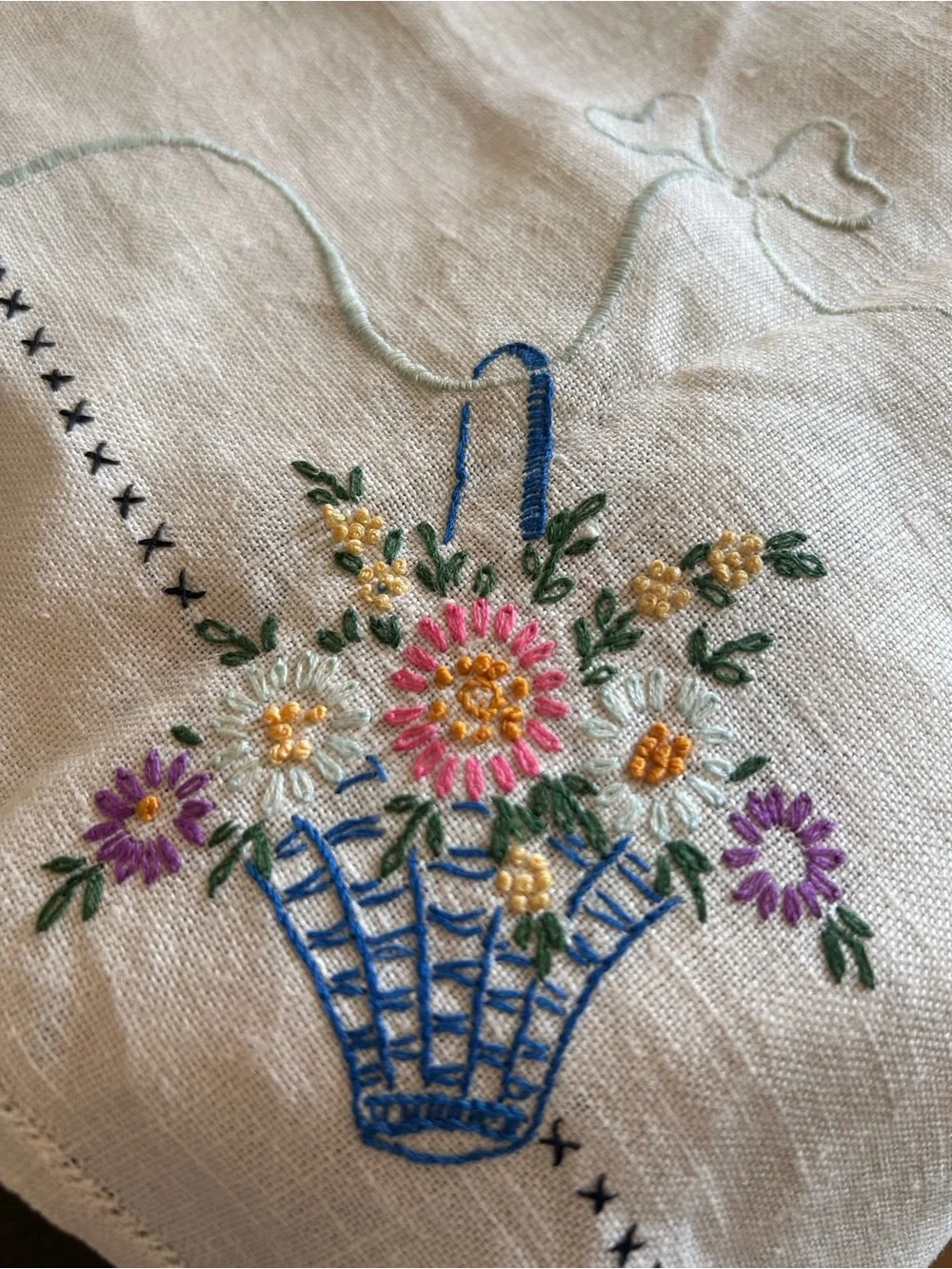 Vintage Hand-embroidered Runner Basket Floral Cross Stitch 40